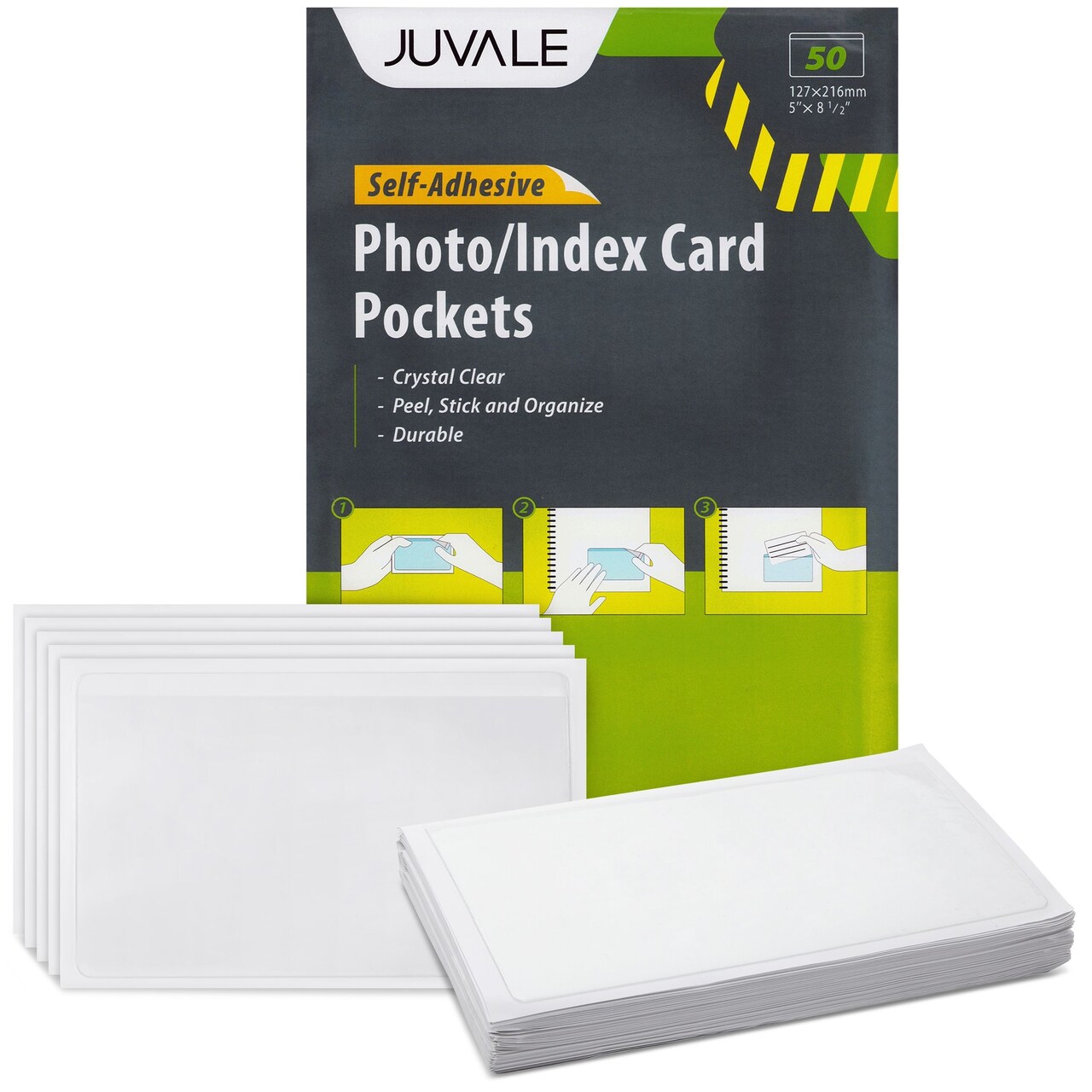 50-Pack Clear Adhesive Pockets Sleeves 5x8 for Index Card and Planners, Bulk Top Load Plastic Label Holder Protector for Photos, Note Cards, Office Supplies, Small Business